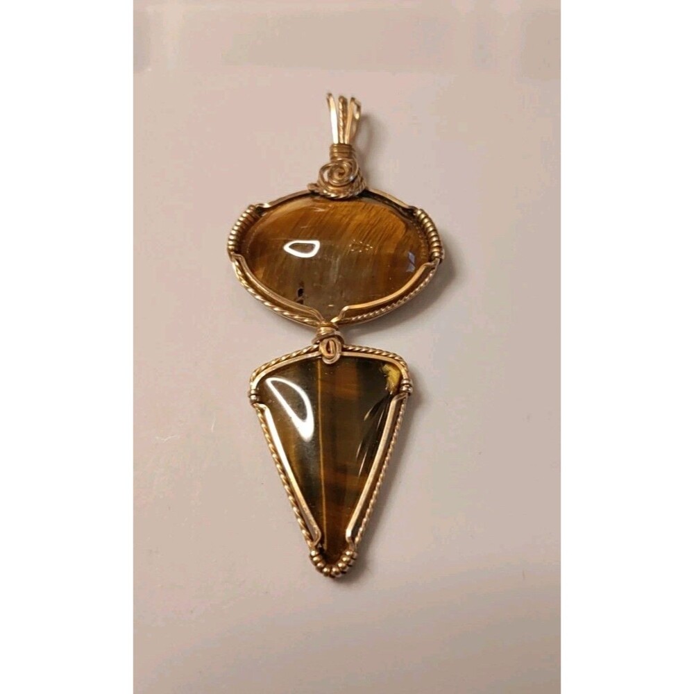 Natural Tigers Eye Stone Pendant Wrapped in Wire 3" Long 1.4" Wide